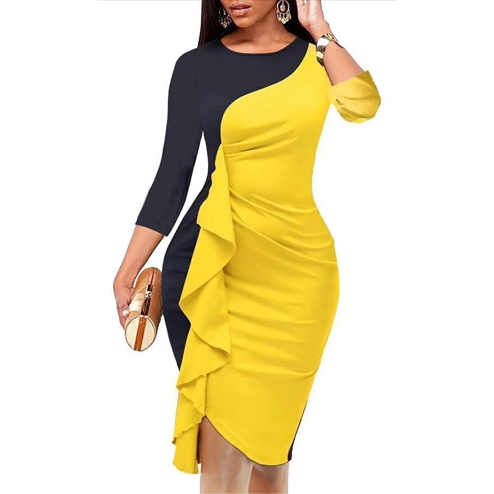 NEW Ruffle Bodycon Ruched Dress 3/4 Sleeve Colorblock M